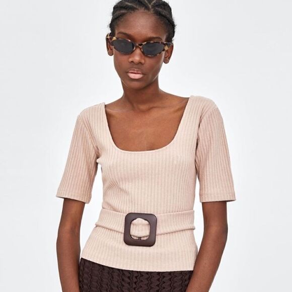 NWOT ZARA Scoop Neck Cropped Rib Knit Belted Top N435 - Picture 1 of 7
